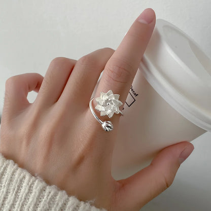925 Sterling Silver Lotus Flower Adjustable Ring for Women