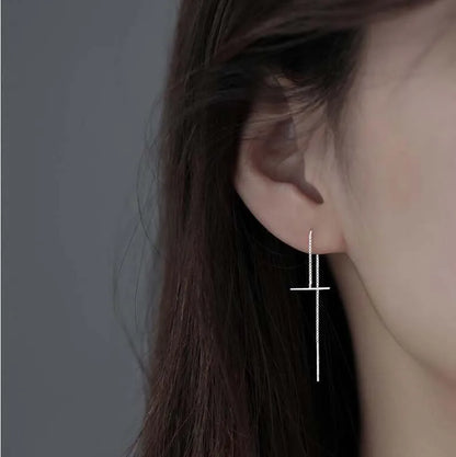 Silver Long Chain Tassel Star Cross Drop Earrings for Women
