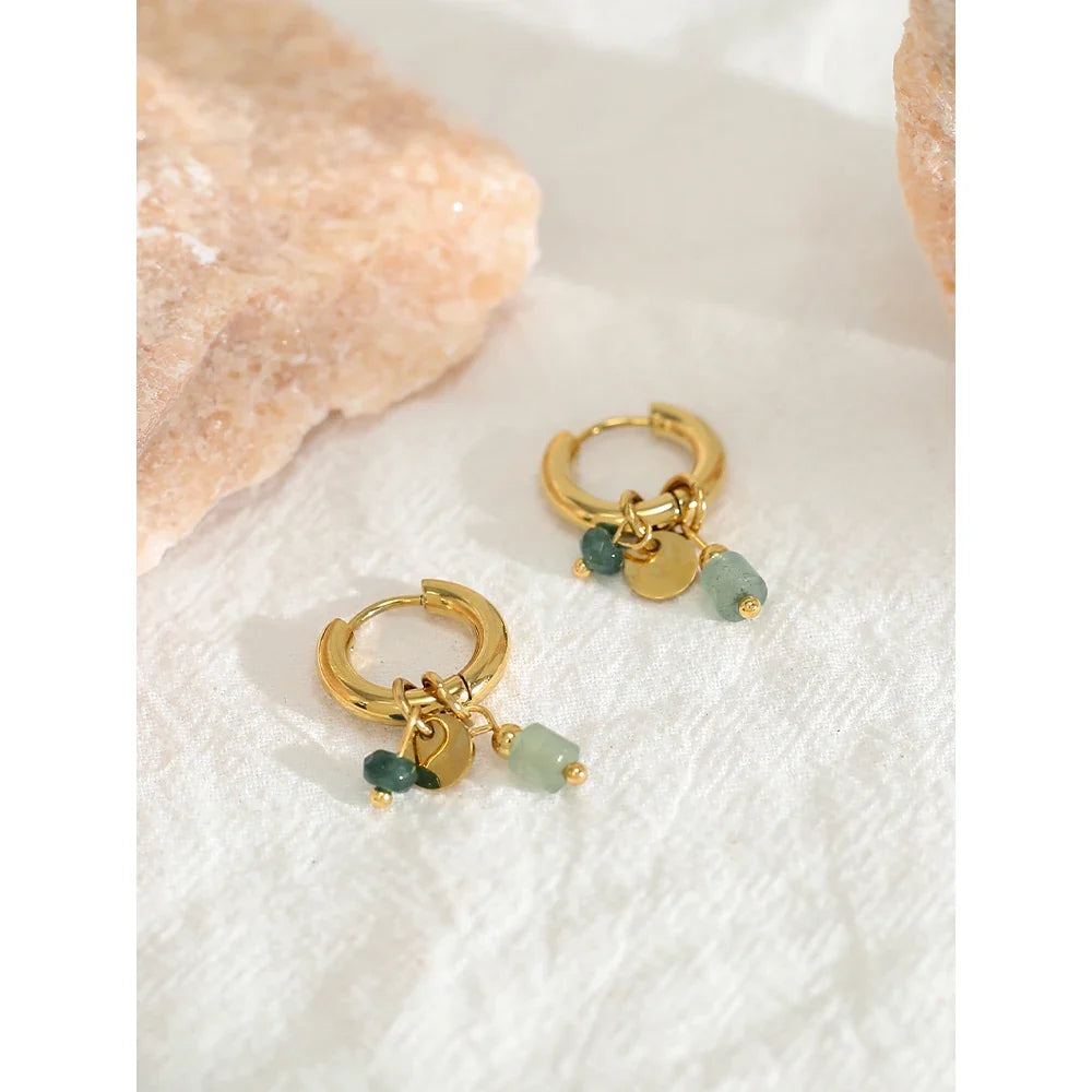 18K Gold Plated Green Natural Stone Hoop Earrings for Women