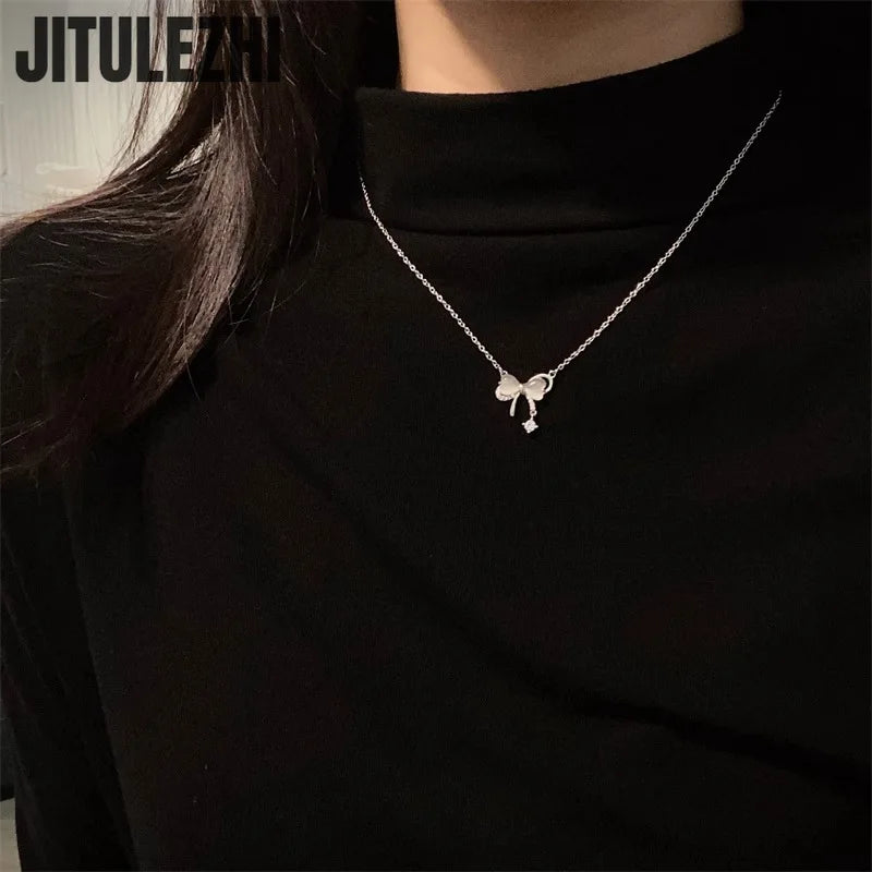 925 Sterling Silver Butterfly Opal Bow Knot Collar Necklace for Women