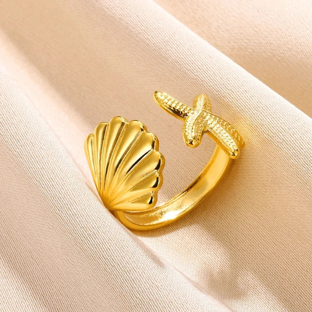 Shell & Star Adjustable Open Ring for Women | 18K Gold Plated