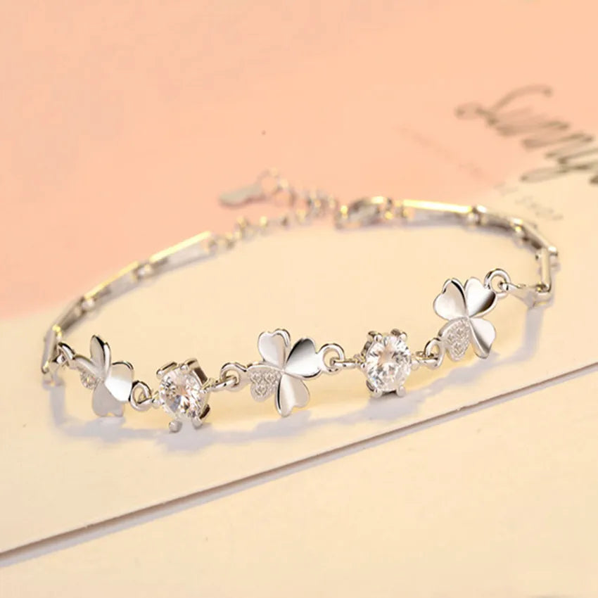 925 Sterling Silver Lucky Clover Crystal Bracelet for Women