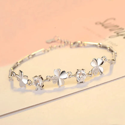 925 Sterling Silver Lucky Clover Crystal Bracelet for Women
