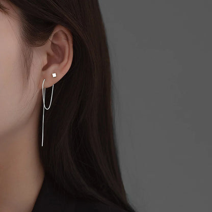 S925 Silver 13cm Square Tassel Chain Ear Line Drop Earrings for Women