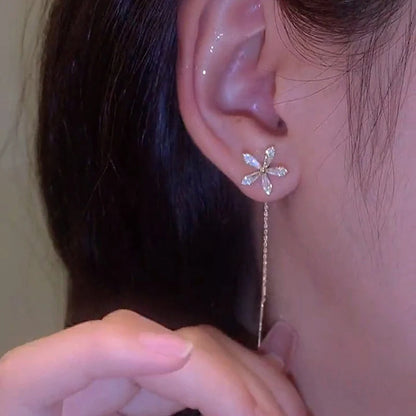 S925 Silver Micro-Inlaid Zircon Flower Ear Line Drop Earrings for Women