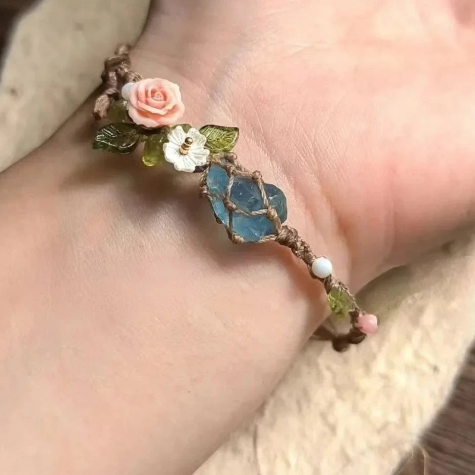 Raw Aquamarine Macrame Bracelet with Rose Accent | Couple Gift
