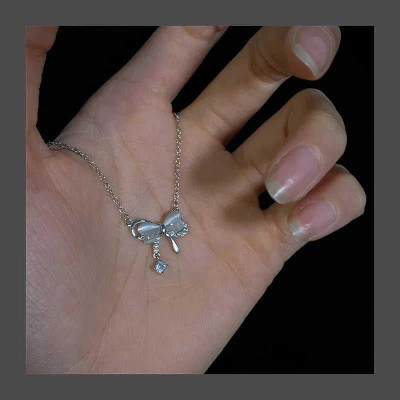 925 Sterling Silver Butterfly Opal Bow Knot Collar Necklace for Women