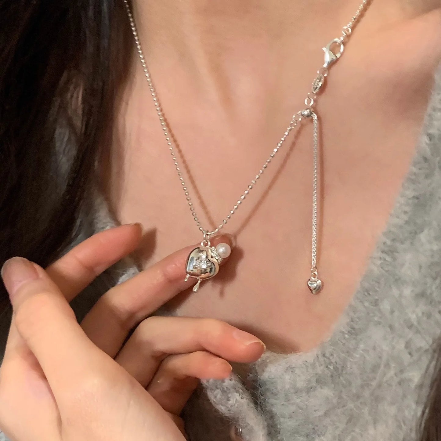 925 Sterling Silver Heart Pendant Adjustable Choker Necklace for Women