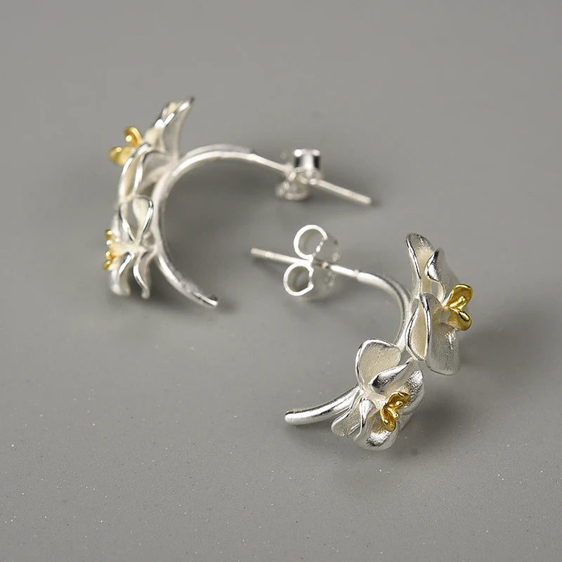 925 Sterling Silver Phalaenopsis Flower Hoop Earrings for Women