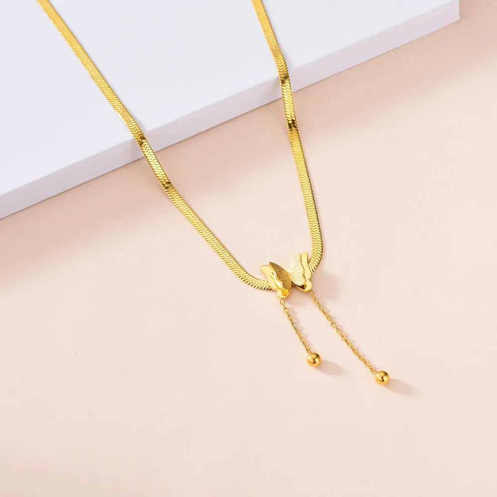 Vintage Butterfly Pendant Necklace on Snake Chain for Women