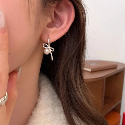 925 Sterling Silver Bow Knot Pearl Earrings for Women
