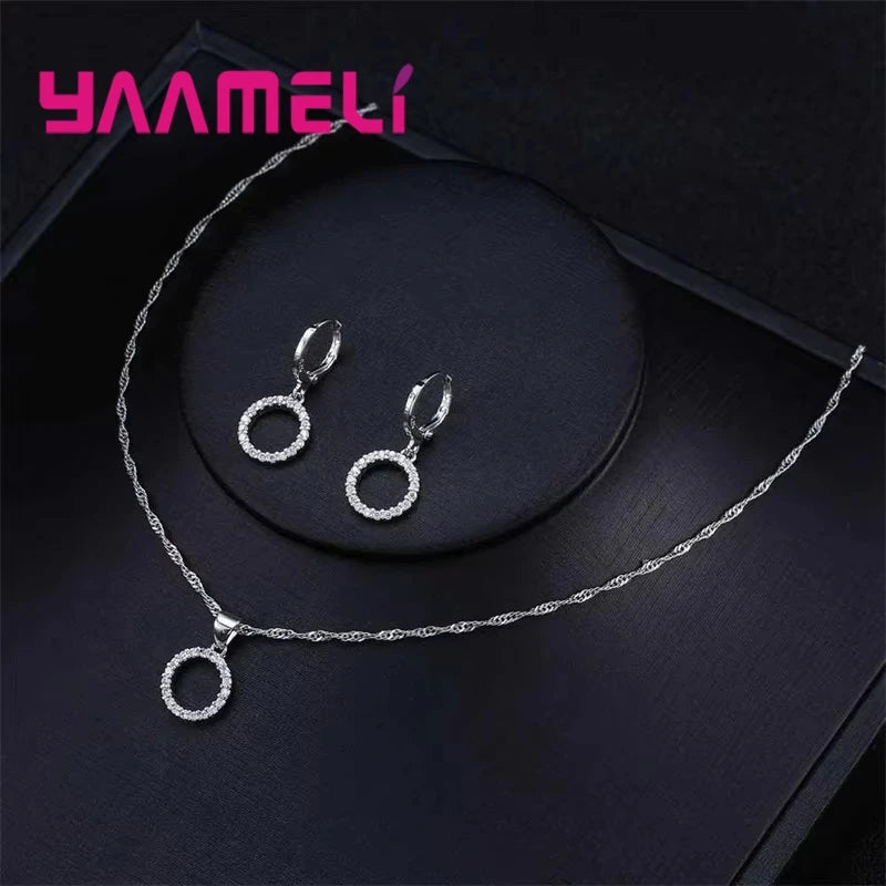 925 Sterling Silver Bridal Jewellery Set — Zircon Necklace and Hoop Earrings for Women