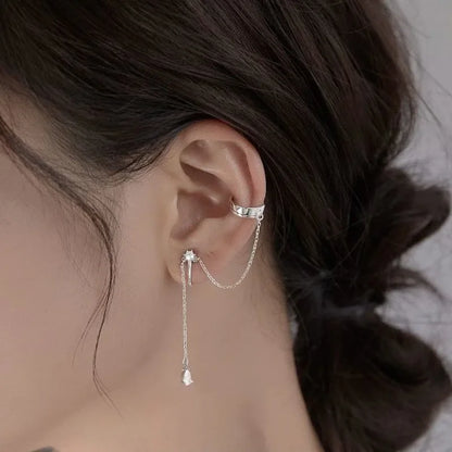 Silver Long Chain Tassel Ear Clip Earrings for Women — No Piercing