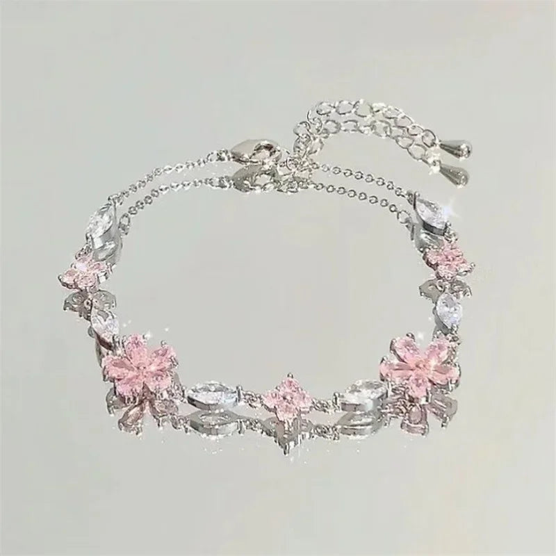 Pink Crystal Cherry Blossom Bracelet for Women