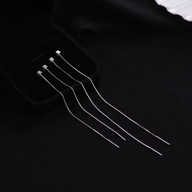 S925 Silver 13cm Square Tassel Chain Ear Line Drop Earrings for Women