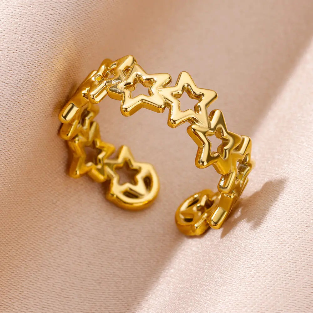 Shell & Star Adjustable Open Ring for Women | 18K Gold Plated