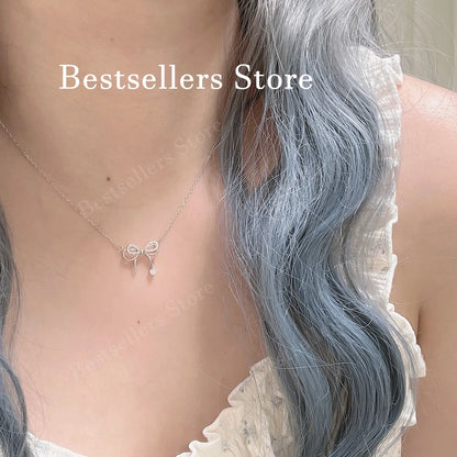 925 Sterling Silver Luxury Bow Zircon Pendant Necklace for Women