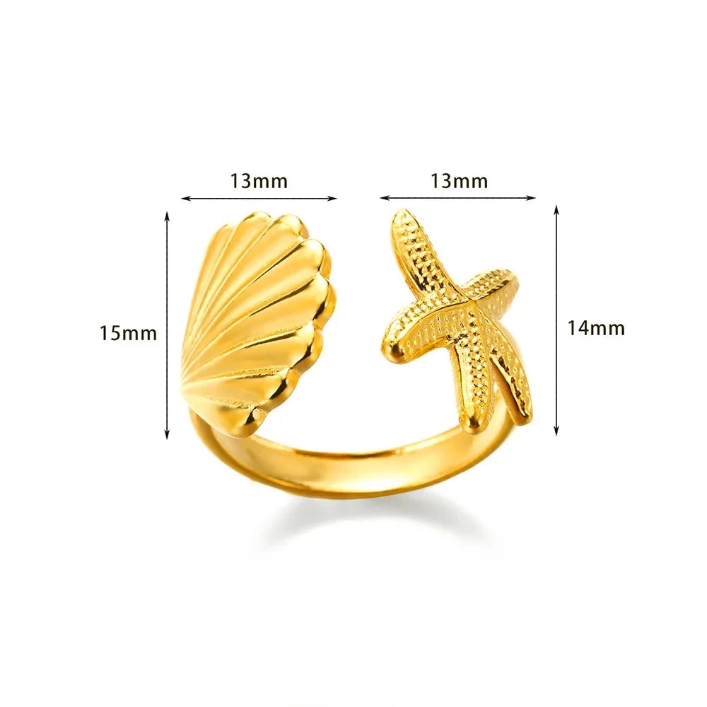 Shell & Star Adjustable Open Ring for Women | 18K Gold Plated
