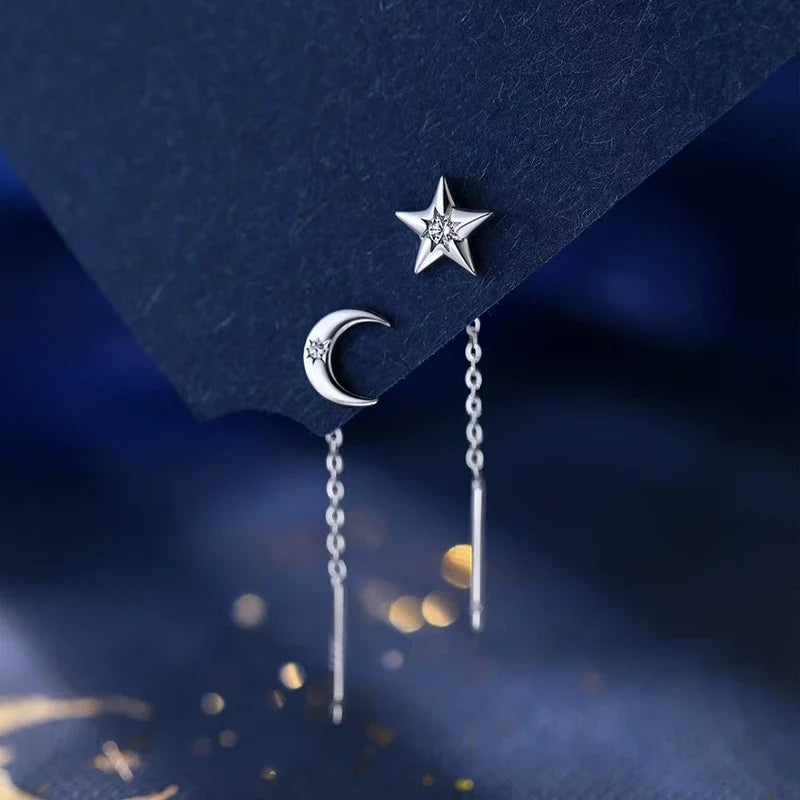 Asymmetric Star Moon Zircon Ear Line Stud Earrings for Women