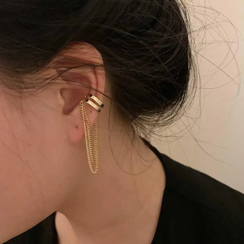 Silver Goth C-Shape Tassel Chain Ear Cuff for Women — No Piercing