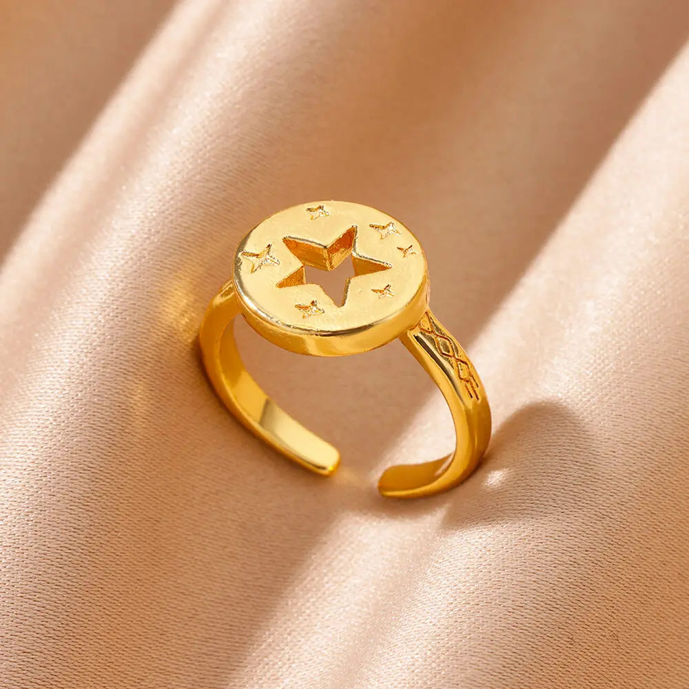 Shell & Star Adjustable Open Ring for Women | 18K Gold Plated