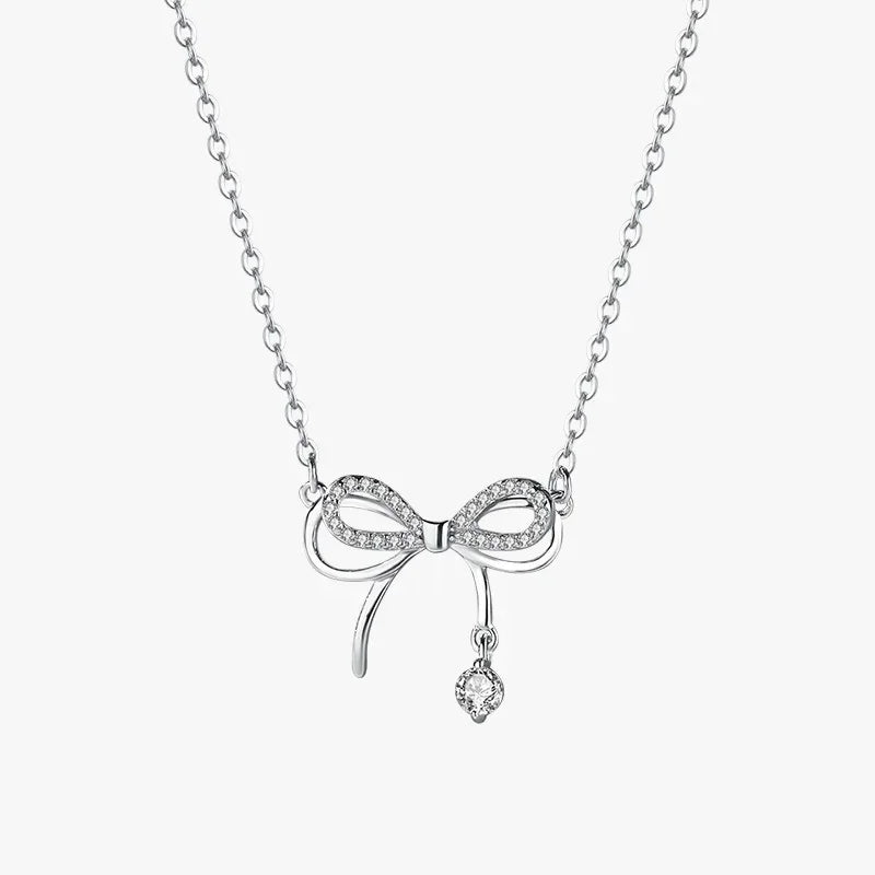 925 Sterling Silver Bow Zircon Pendant Necklace for Women