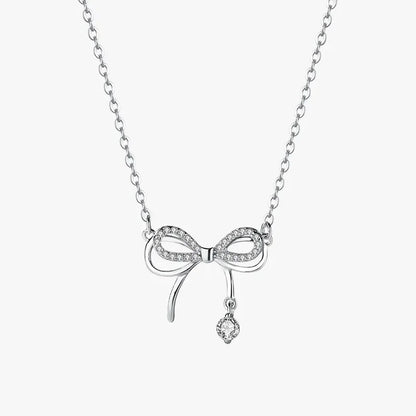 925 Sterling Silver Bow Zircon Pendant Necklace for Women