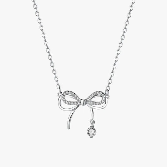 925 Sterling Silver Bow Zircon Pendant Necklace for Women