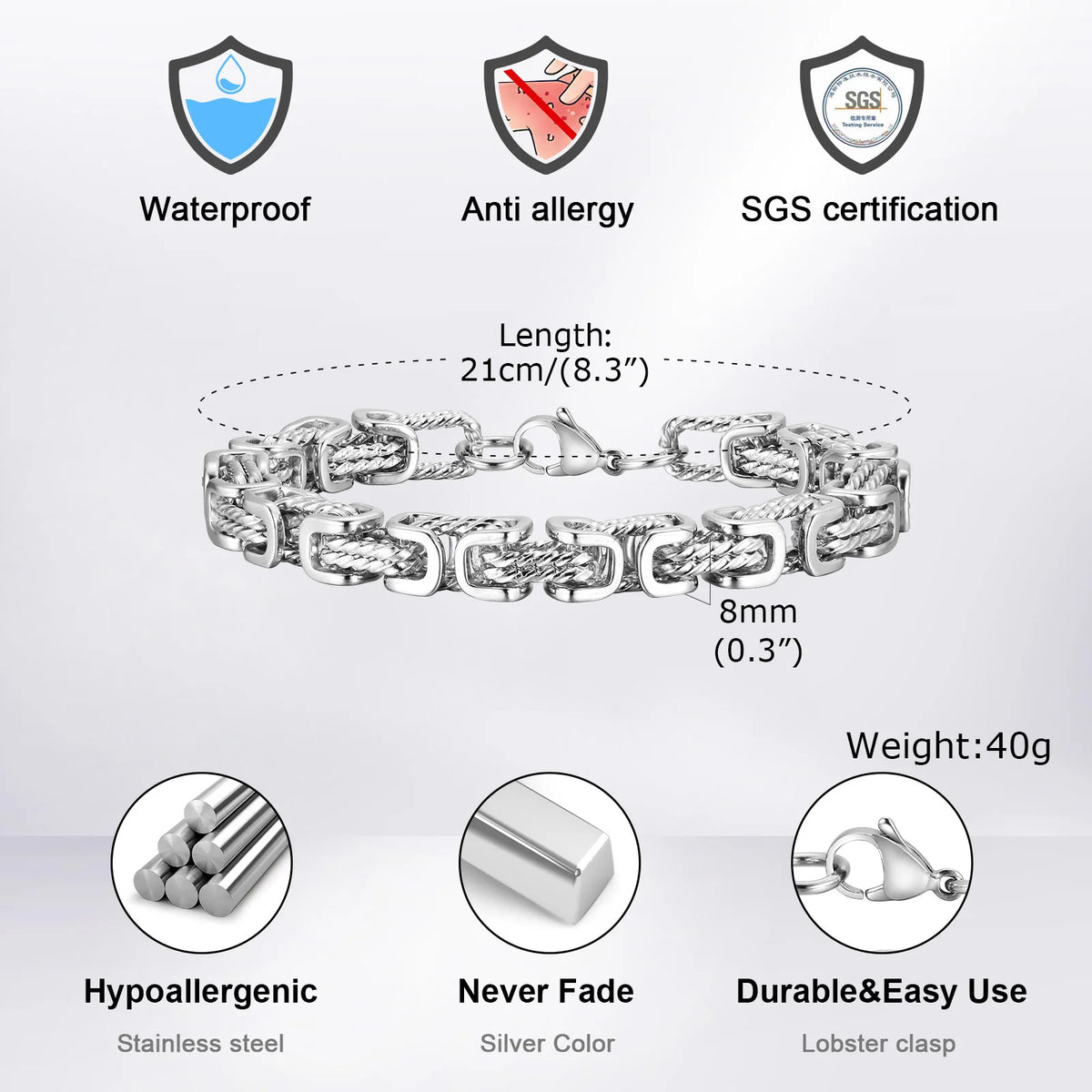 8mm Byzantine Stainless Steel Bracelet for Men