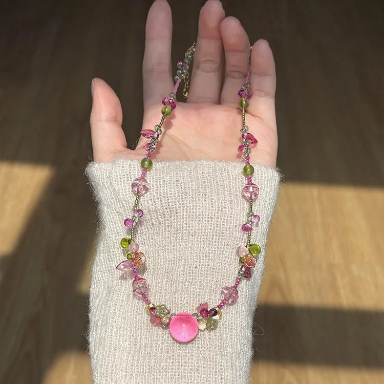 Bohemian Pink Waterdrop Beaded Flower Pendant Necklace | Y2K Style