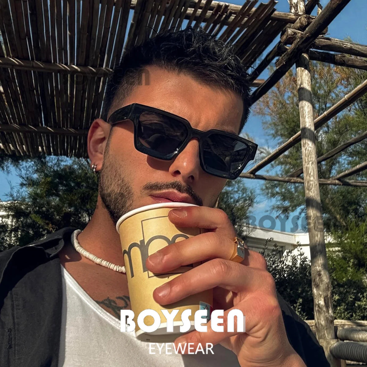 Men's Vintage Square Resin-Lens Sunglasses