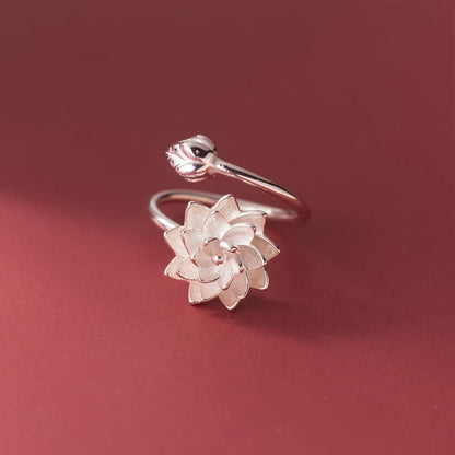 925 Sterling Silver Lotus Flower Adjustable Ring for Women