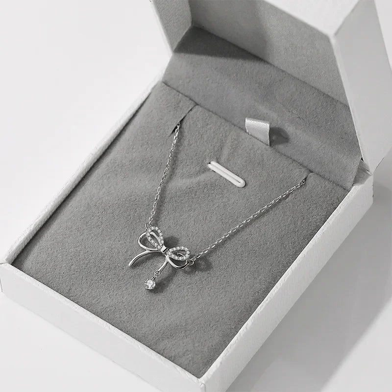 925 Sterling Silver Bow Zircon Pendant Necklace for Women
