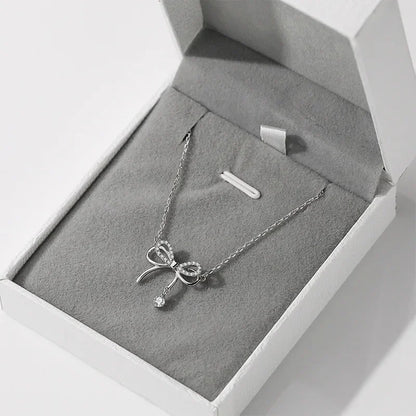 925 Sterling Silver Bow Zircon Pendant Necklace for Women