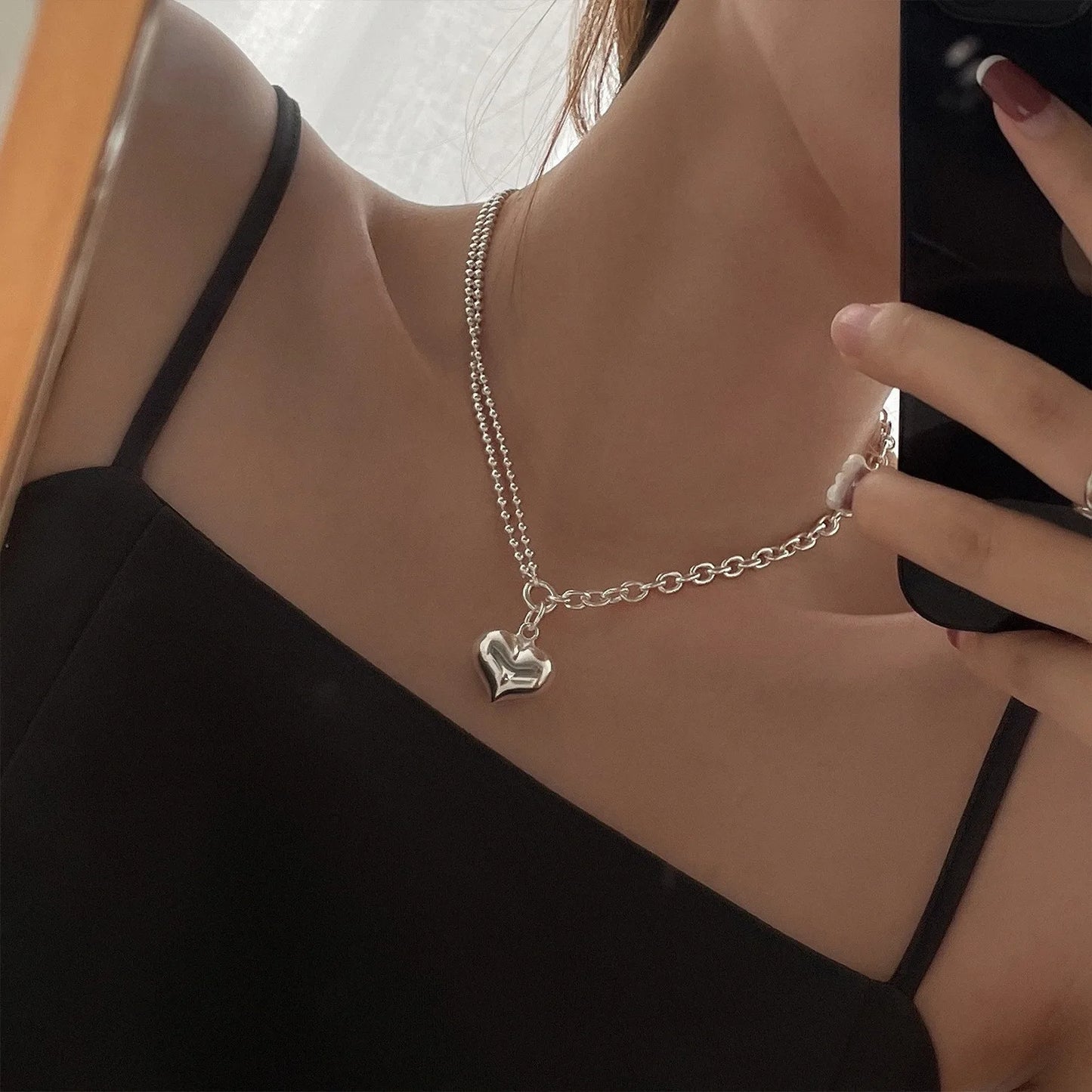 925 Sterling Silver Heart Pendant Adjustable Choker Necklace for Women
