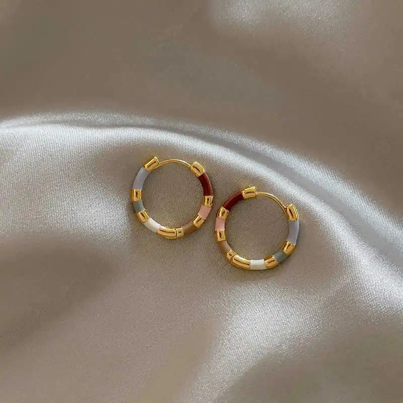 Colourful Enamel Mini Metal Round Hoop Earrings for Women