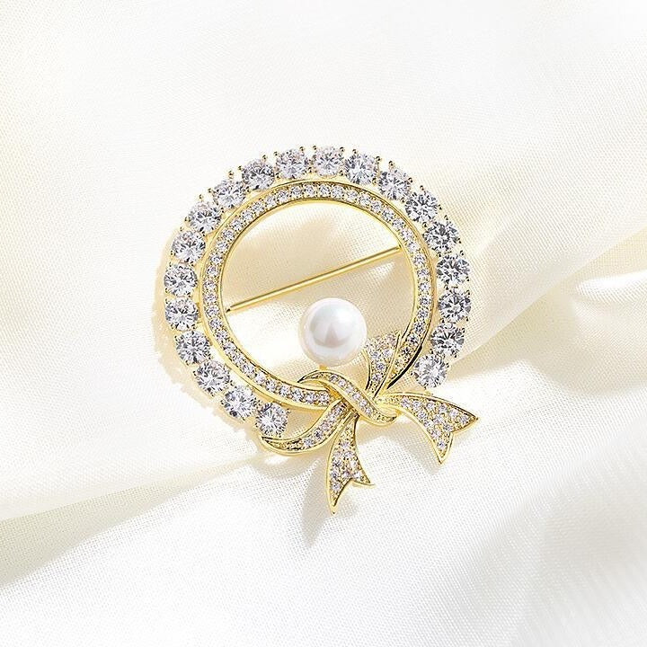 Rhinestone Bow Pearl Brooch | Alloy Korean Gold Silver Dual-Use