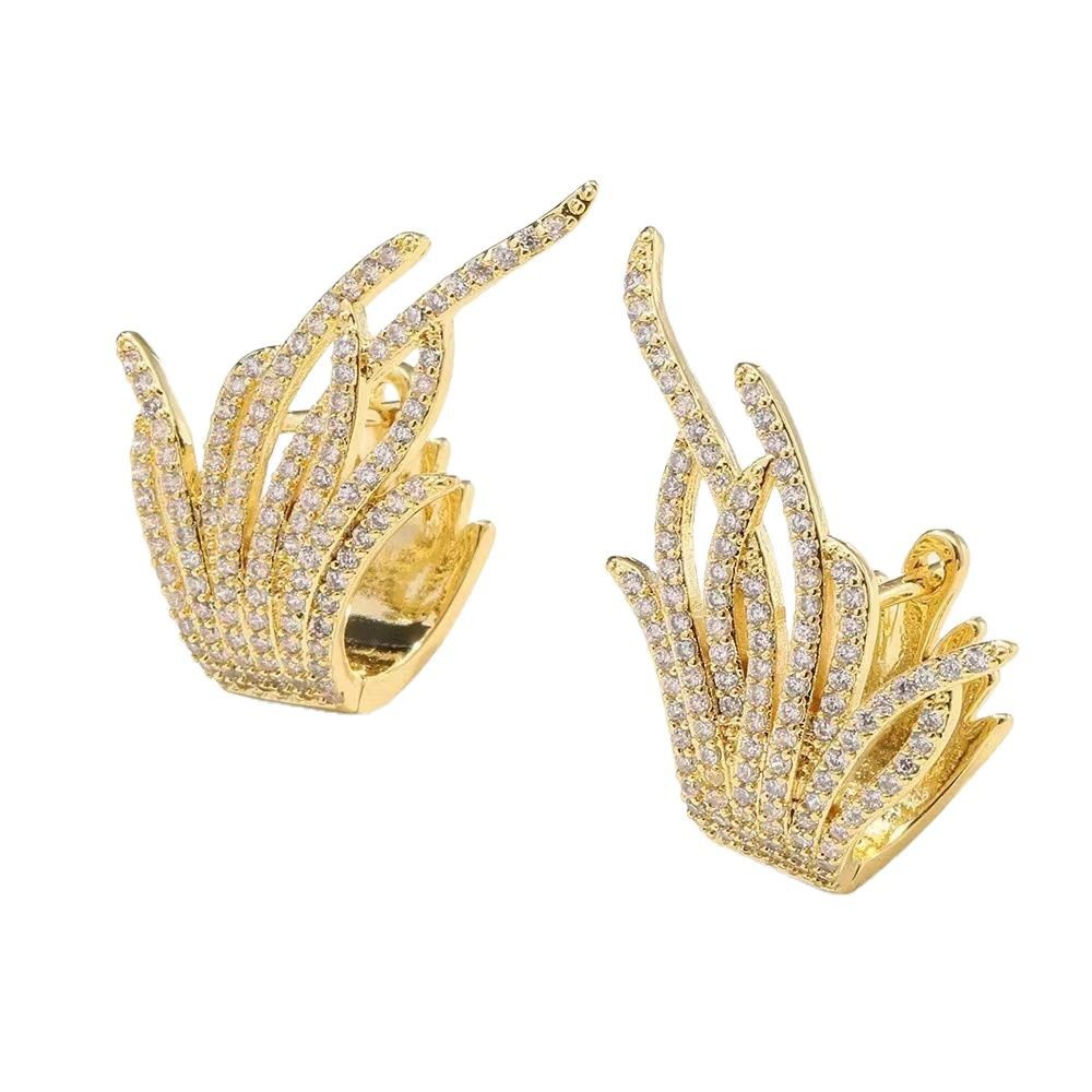 Feather Ear Clip Zircon Earrings | Copper Inlaid Gold Silver
