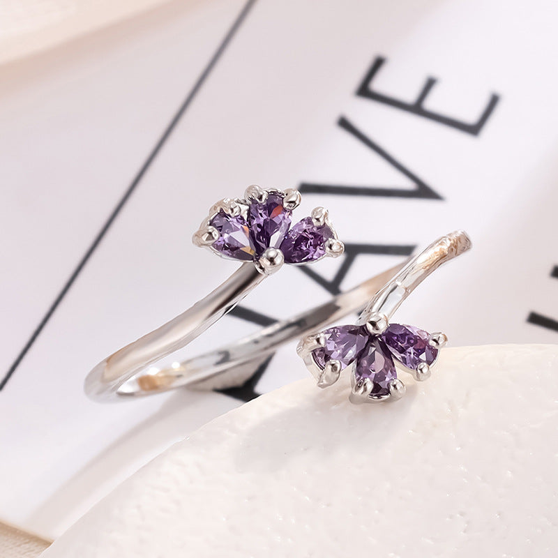 Zircon Purple Petal Open Ring | Adjustable Copper Floral
