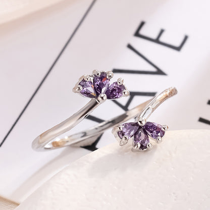 Zircon Purple Petal Open Ring | Adjustable Copper Floral