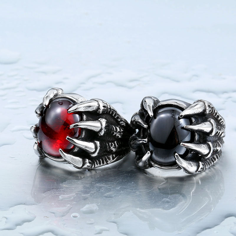 Men's Vintage Zircon Inlaid Stainless Steel Ring | Ruby and Black Agate