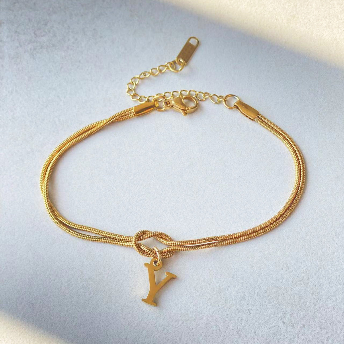 Initial Letter Love Knot Bracelet for Women | Gold Snake Chain