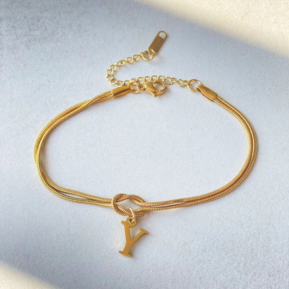 Initial Letter Love Knot Bracelet for Women | Gold Snake Chain