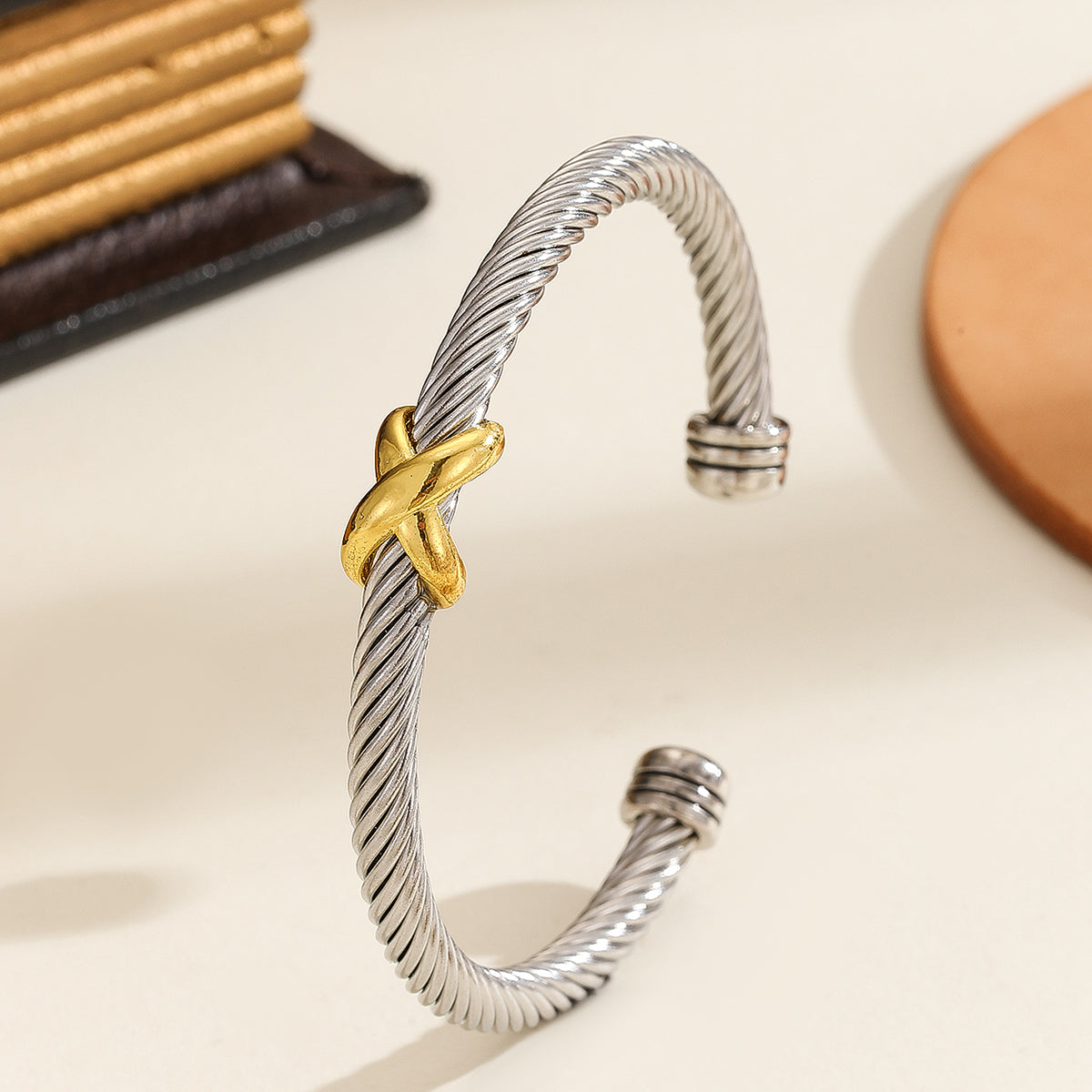 Figure-8 Cross Open Bracelet with Zircon | Stainless Steel Unisex