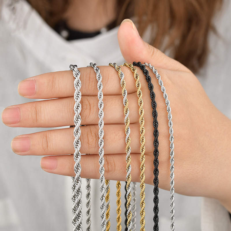 Hip Hop Twisted Rope Chain Necklace in Stainless Steel | Vacuum Plated Gold
