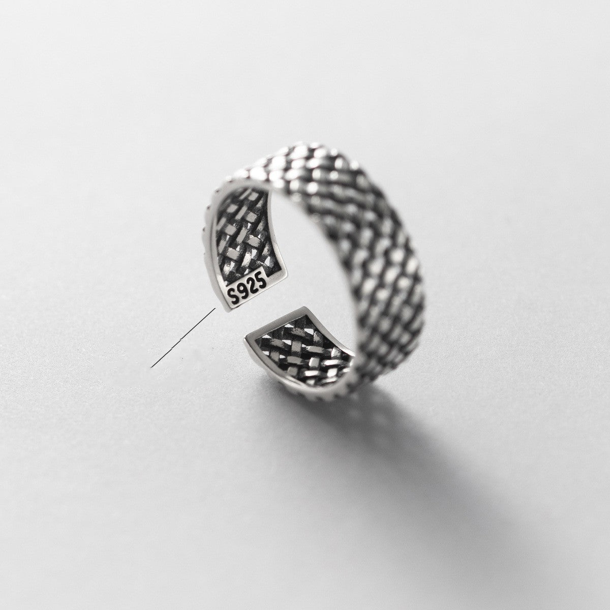 S925 Sterling Silver Plaid Woven Wide Band Ring | Adjustable Women's