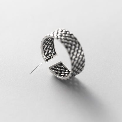 S925 Sterling Silver Plaid Woven Wide Band Ring | Adjustable Women's