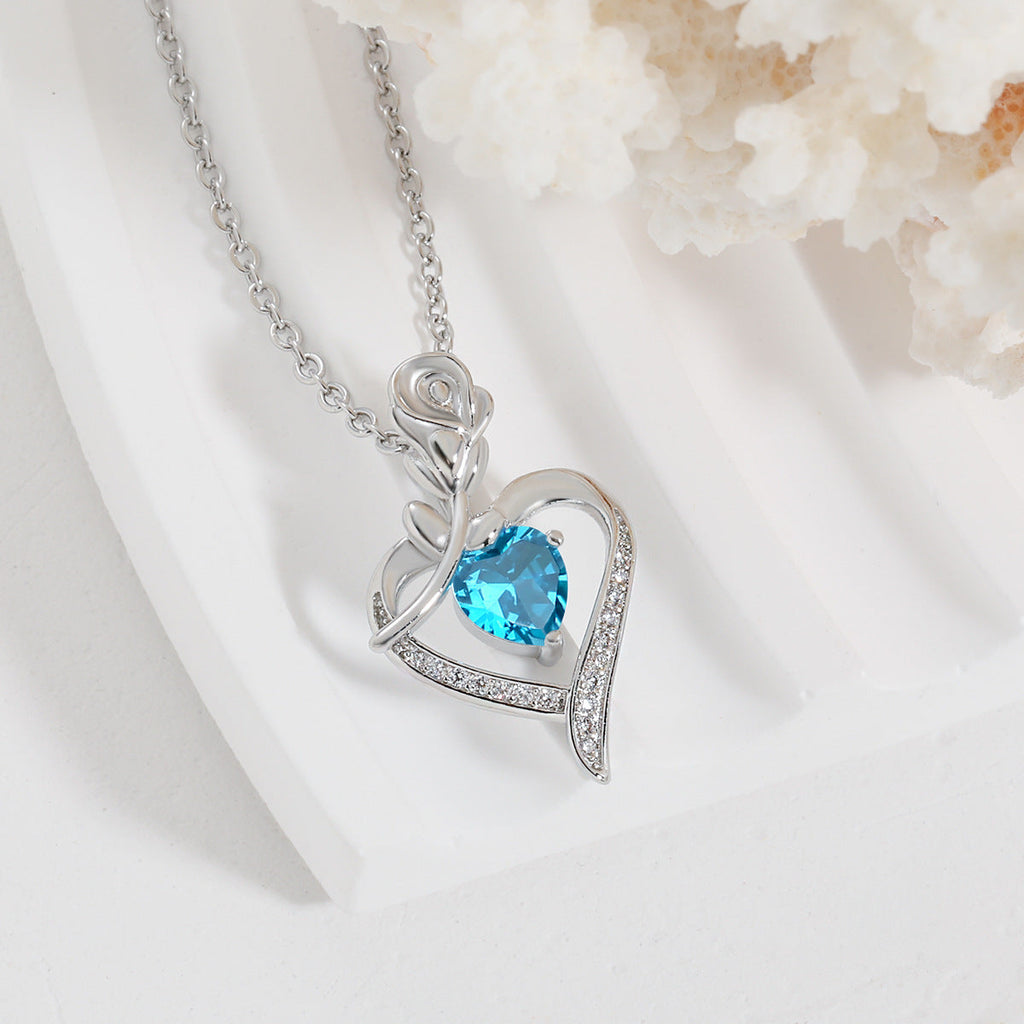 Rose Heart Rhinestone Pendant Necklace for Women