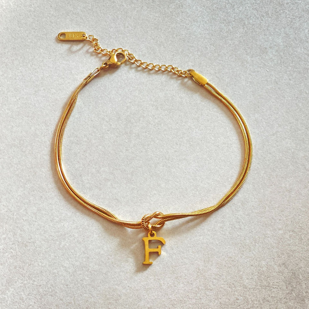 Initial Letter Love Knot Bracelet for Women | Gold Snake Chain