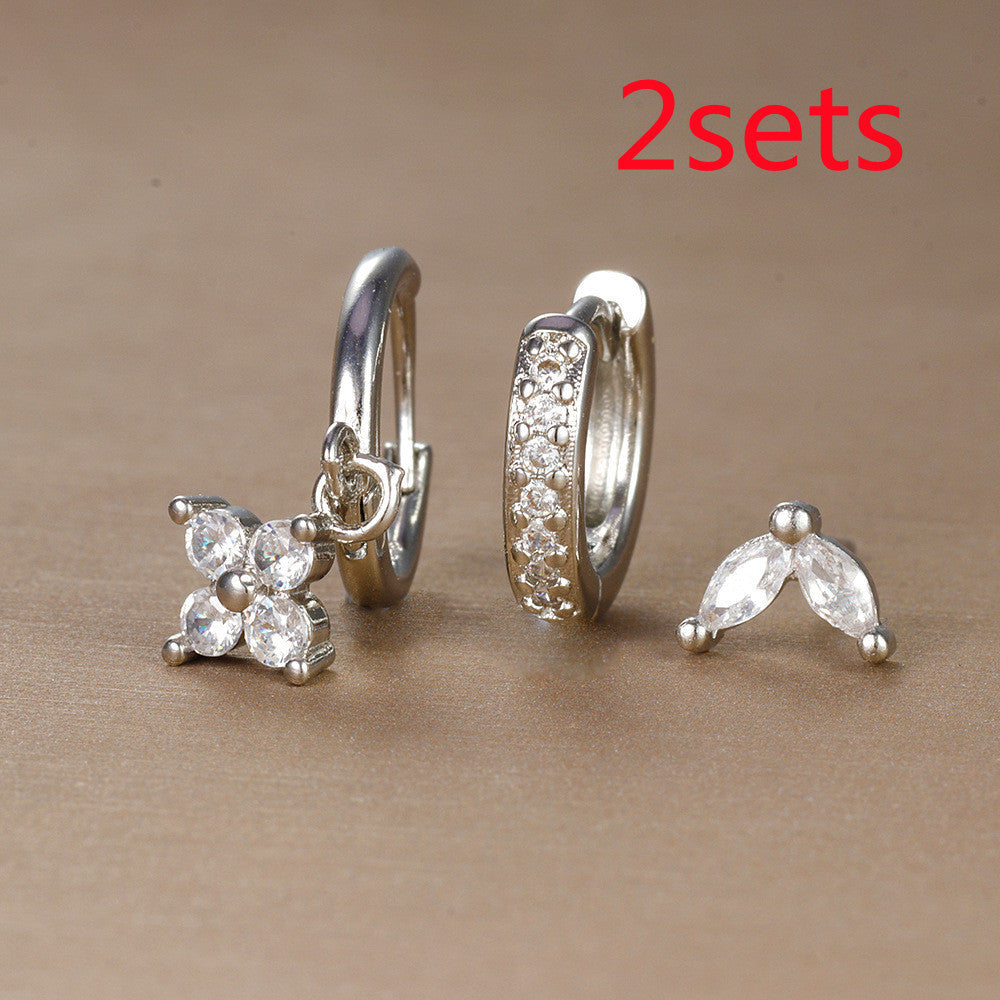 Flower Diamond Stacked Earring Set | Copper INS Gold Silver